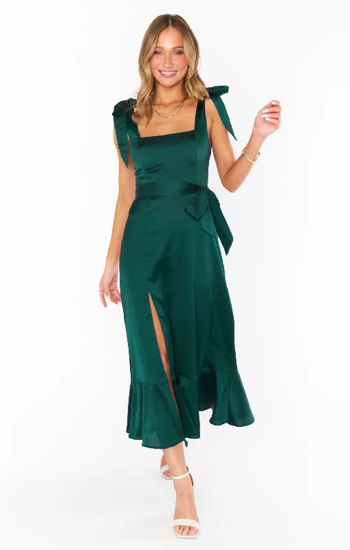 Claire Midi Dress ~ Deep Emerald Luxe Satin Stylish Vintage Midi Dress