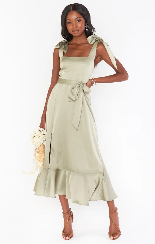 Claire Midi Dress ~ Moss Green Luxe Satin Trendy Ruffled Sleeve Midi Dress