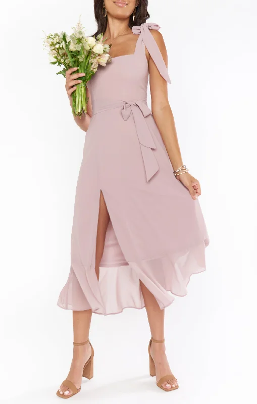 Claire Midi Dress ~ Neutral Mauve Chiffon Fashionable Fitted Midi Dress