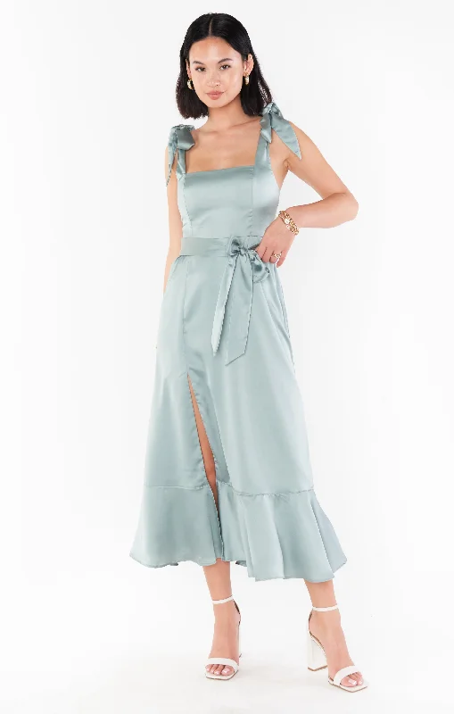 Claire Midi Dress ~ Silver Sage Luxe Satin Trendy Smocked Waist Midi Dress