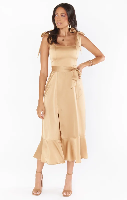 Claire Midi Dress ~ True Gold Luxe Satin Stylish Off-Shoulder Ruffle Dress