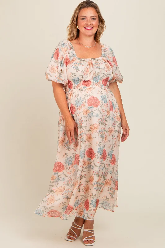 Cream Blue Floral Chiffon Puff Sleeve Maternity Plus Midi Dress Stylish Color Block Midi Dress