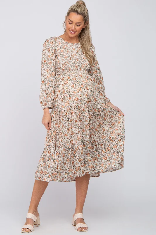 Cream Floral Smocked 3/4 Sleeve Maternity Midi Dress Fashionable High-Neck Midi Dress