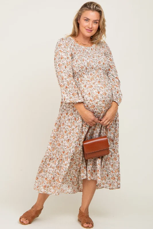 Cream Floral Smocked 3/4 Sleeve Maternity Plus Midi Dress Trendy Smocked Waist Midi Dress