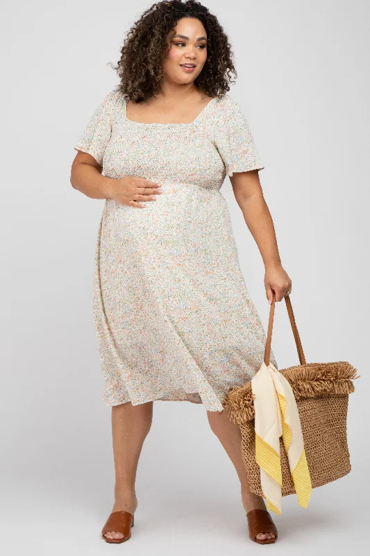 Cream Floral Smocked Square Neck Maternity Midi Dress Cozy Ribbed Knit Midi Dress