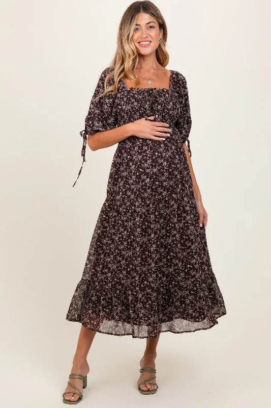 Dark Brown Floral Smocked Sleeve Tie Maternity Midi Dress Fashionable Casual Midi Dress