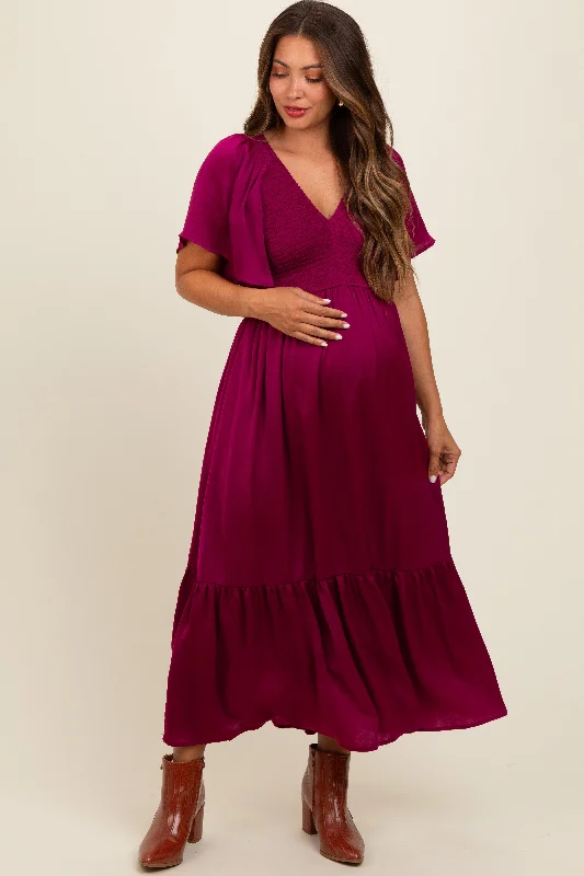 Deep Red Satin Smocked Maternity Midi Dress Fashionable Chiffon Midi Dress