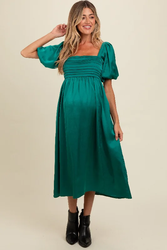 Emerald Green Satin Pleated Bodice Puff Sleeve Maternity Midi Dress Stylish Cold Shoulder Midi Dress