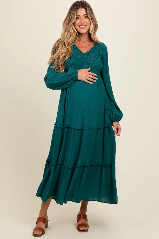 Emerald Smocked Tiered Maternity Midi Dress Fashionable Pencil Midi Dress