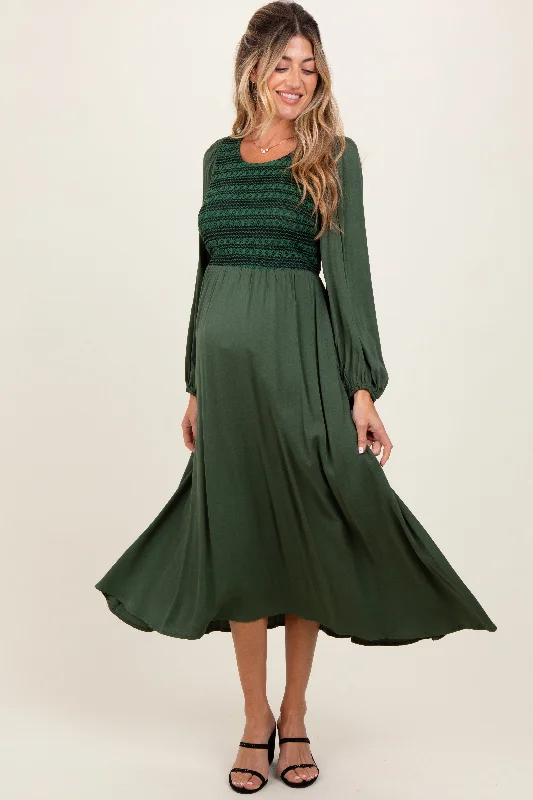 Forest Green Contrast Knit Bodice Maternity Maxi Dress Stylish Pleated A-Line Maxi Dress