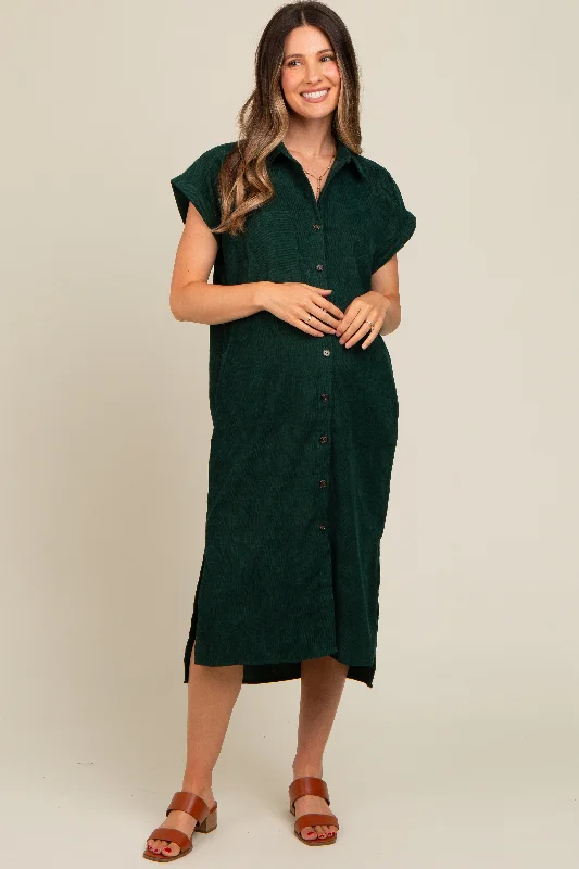 Forest Green Corduroy Button Down Maternity Midi Dress Comfortable Sleeveless Midi Dress