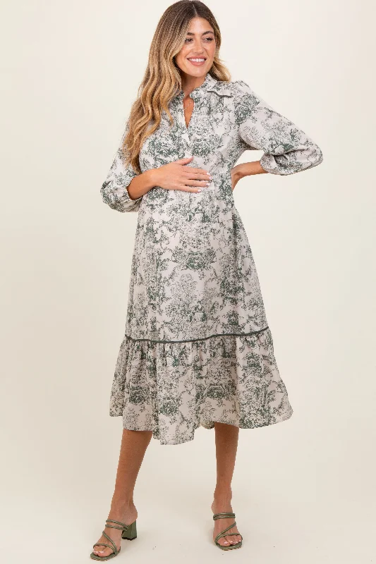 Forest Green Printed Split Ruffle Collar Maternity Midi Dress Trendy Fit-and-Flare Midi Dress