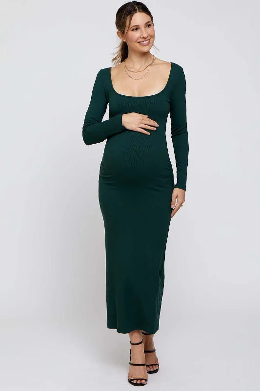 Forest Green Ribbed Scoop Neck Maternity Midi Dress Elegant Floral Appliqué Midi Dress