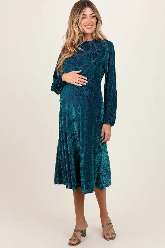 Forest Green Velvet Damask Maternity Midi Dress Fashionable Wide Leg Midi Dress