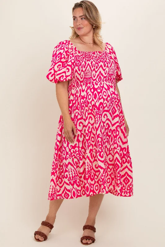 Fuchsia Printed Smocked Puff Sleeve Plus Maternity Midi Dress Comfortable Deep V Midi Dress