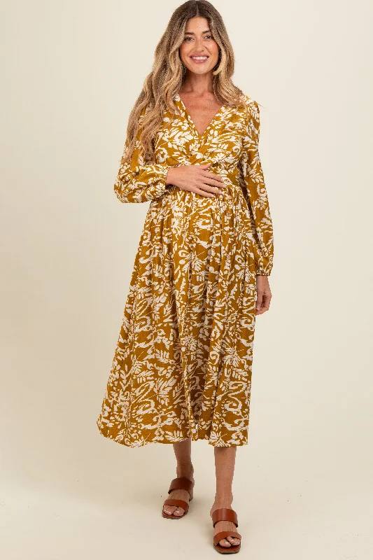 Gold Abstract Floral Gathered Front Maternity Midi Dress Stylish Vintage Midi Dress