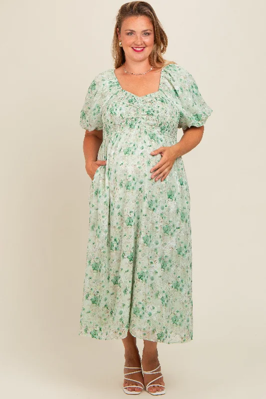 Green Floral Smocked Sweetheart Neck Short Puff Sleeve Maternity Plus Midi Dress Stylish Animal Print Midi Dress