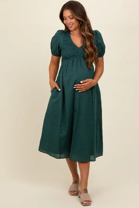 Green Smocked V-Neck Puff Sleeve Maternity Midi Dress Fashionable High-Low Midi Dress