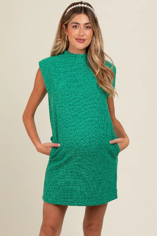 Green Textured Knit Mock Neck Maternity Mini Dress Trendy Crossover Mini Dress