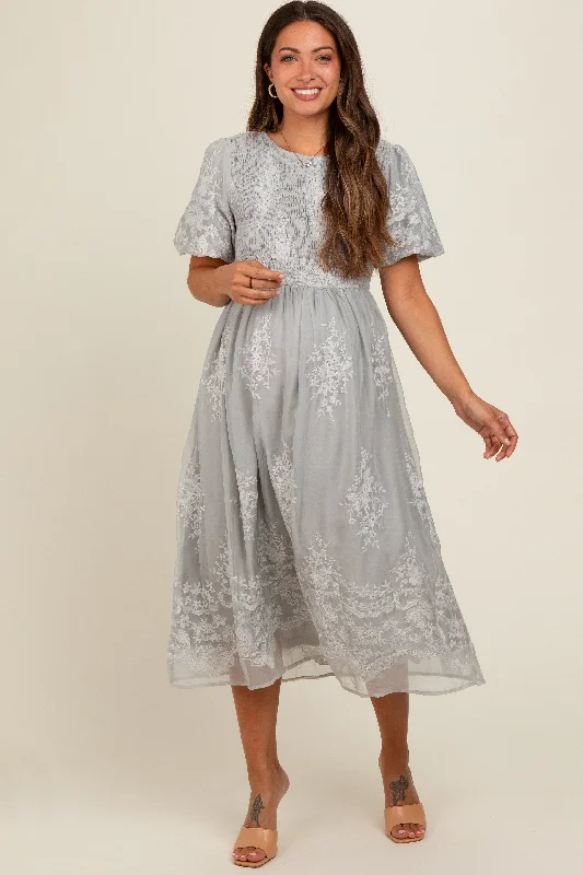 Grey Floral Lace Smocked Maternity Midi Dress Stylish Animal Print Midi Dress