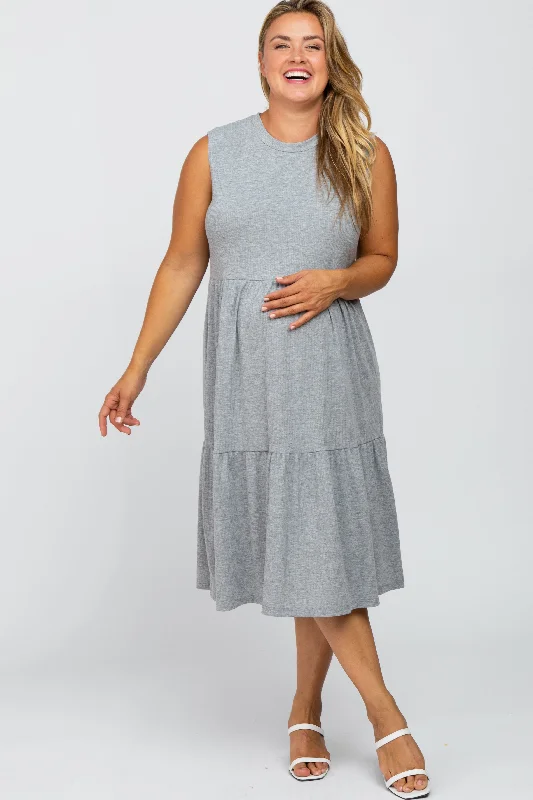 Heather Grey Ribbed Sleeveless Plus Maternity Midi Dress Fashionable Plaid Midi Dress