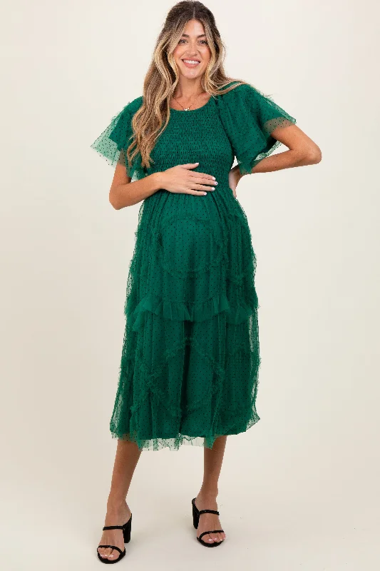 Hunter Green Smocked Ruffled Mesh Maternity Midi Dress Stylish Button-Down Midi Dress