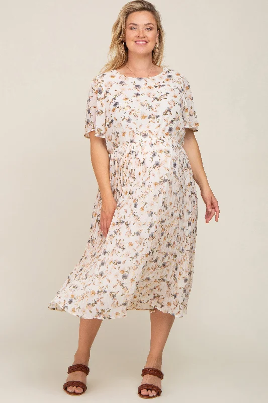 Ivory Floral Chiffon Pleated Short Sleeve Maternity Plus Midi Dress Elegant Puff Sleeve Midi Dress