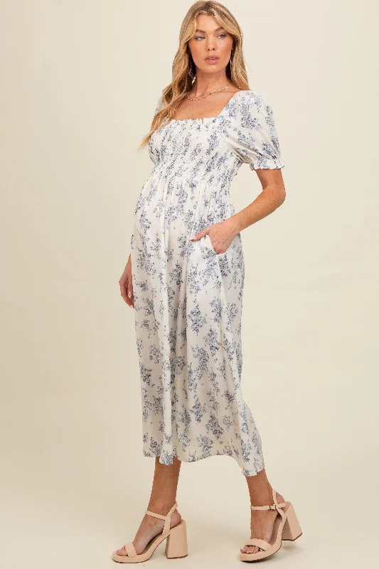 Ivory Floral Smocked Sweetheart Neckline Maternity Midi Dress Stylish Halter Neck Midi Dress