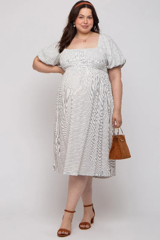 Ivory Striped Linen Smocked Short Puff Sleeve Maternity Plus Midi Dress Fashionable One-Shoulder Midi Dress