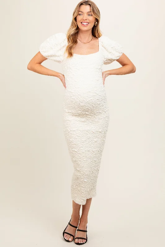 Ivory Textured Square Neck Puff Sleeve Maternity Midi Dress Fashionable One-Shoulder Midi Dress