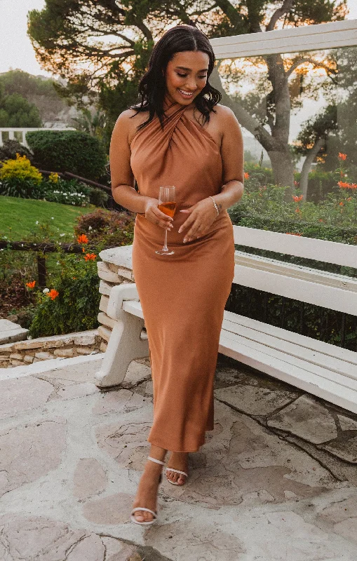 Jasmine Halter Midi Dress ~ Copper Luxe Satin Trendy Smocked Waist Midi Dress