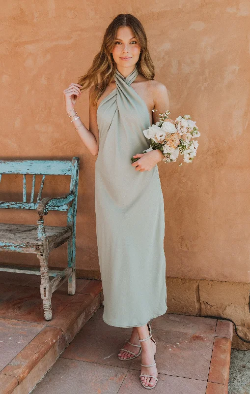 Jasmine Halter Midi Dress ~ Moss Green Crisp Trendy A-Line Midi Dress