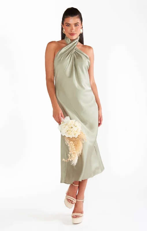 Jasmine Halter Midi Dress ~ Moss Green Luxe Satin Trendy Floral Wrap Midi Dress