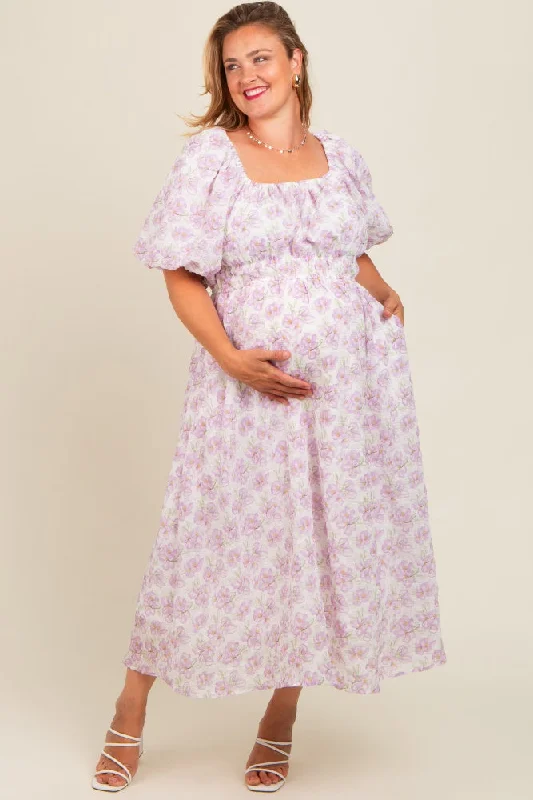 Lavender Floral Puff Sleeve Maternity Plus Midi Dress Fashionable High-Low Midi Dress