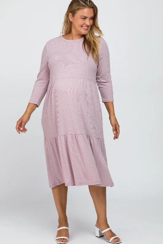 Lavender Tiered Ribbed 3/4 Sleeve Plus Maternity Midi Dress Stylish Midi Dress with Cuffs