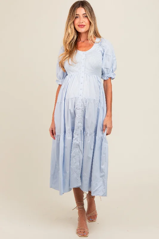 Light Blue Contrast Top Tiered Maternity Midi Dress Cozy Wide Strap Midi Dress