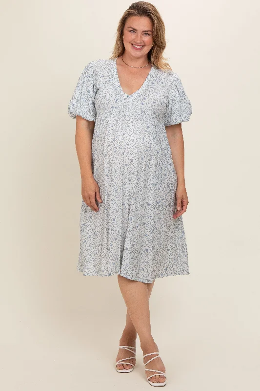 Light Blue Floral Puff Sleeve Plus Maternity Midi Dress Trendy Ruffle Hem Midi Dress