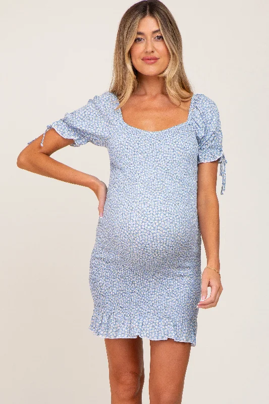 Light Blue Floral Smocked Short Puff Sleeve Maternity Mini Dress Comfortable Bodycon Mini Dress