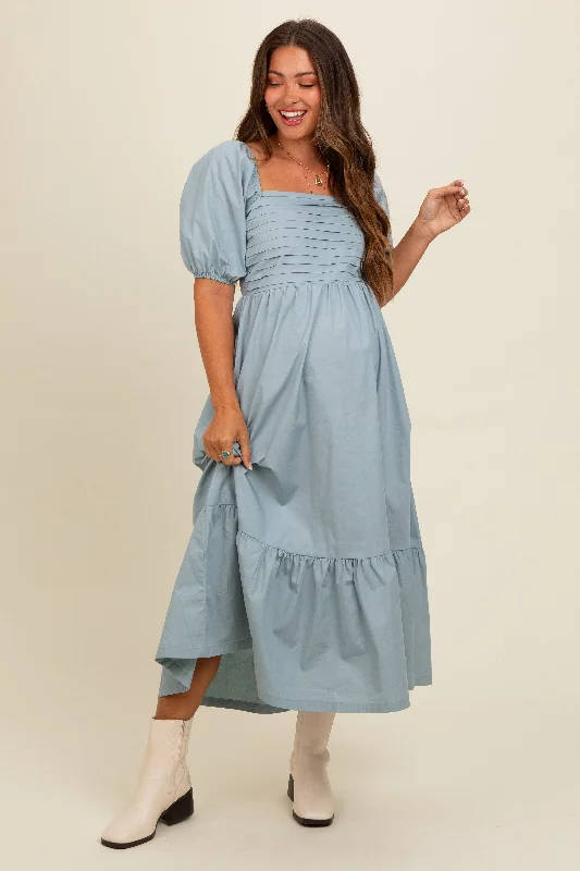 Light Blue Pleated Bodice Puff Sleeve Maternity Midi Dress Chic Bohemian Midi Dress