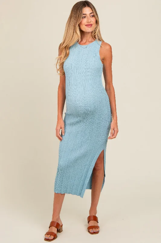 Light Blue Ribbed Side Slit Sleeveless Maternity Midi Dress Stylish Halter Neck Midi Dress