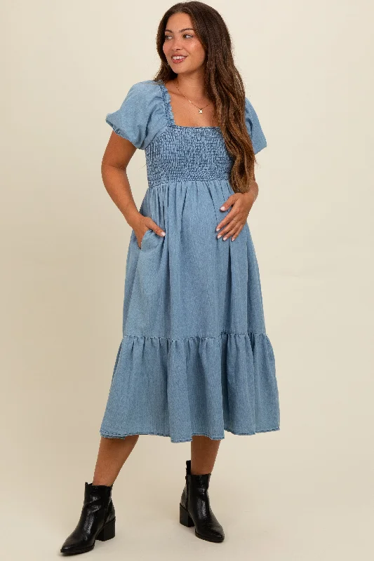 Light Blue Vintage Wash Chambray Smocked Maternity Midi Dress Stylish Button-Up Midi Dress