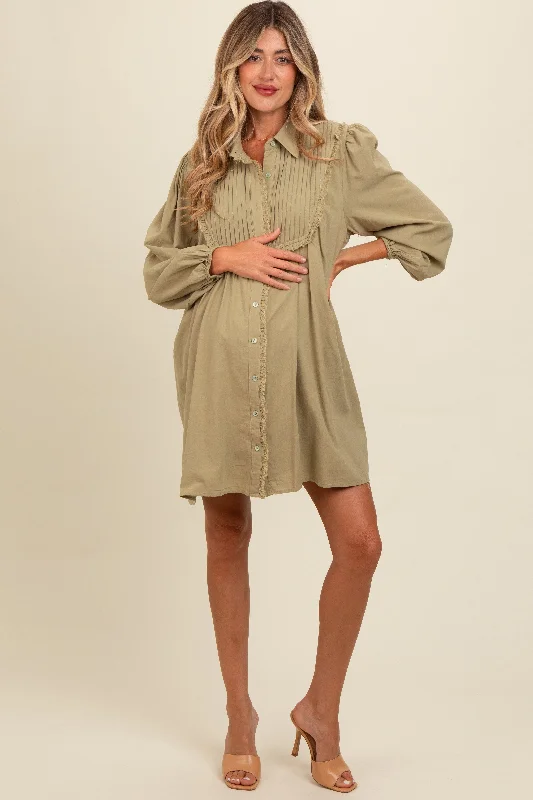 Light Olive Frayed Button Down Maternity Mini Dress Elegant Floral-Print Mini Dress