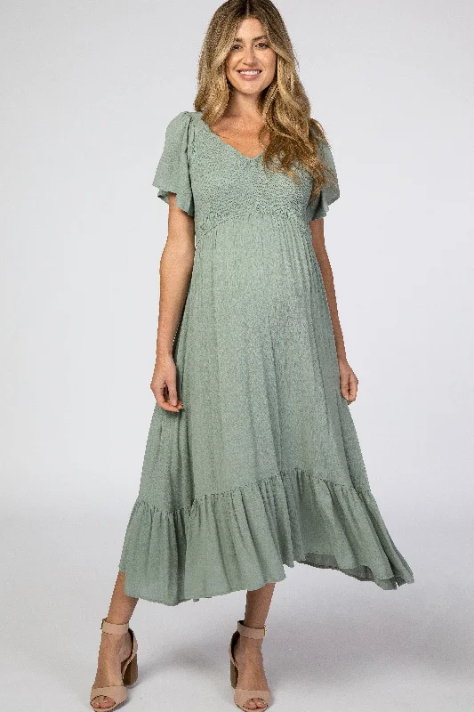 Light Olive Smocked V-Neck Maternity Midi Dress Cozy T-shirt Midi Dress