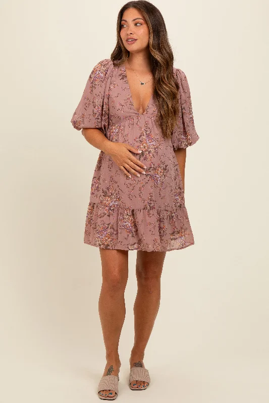 Mauve Deep V-Neck Tie Back Floral Maternity Mini Dress Comfortable Wrap Mini Dress