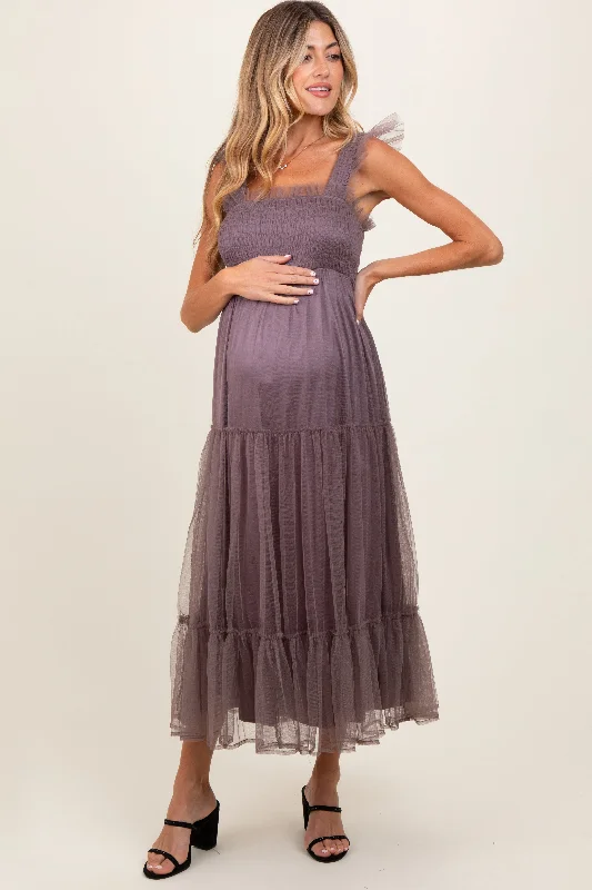 Mauve  Mesh Overlay Smocked Maternity Midi Dress Trendy Flared Sleeve Midi Dress