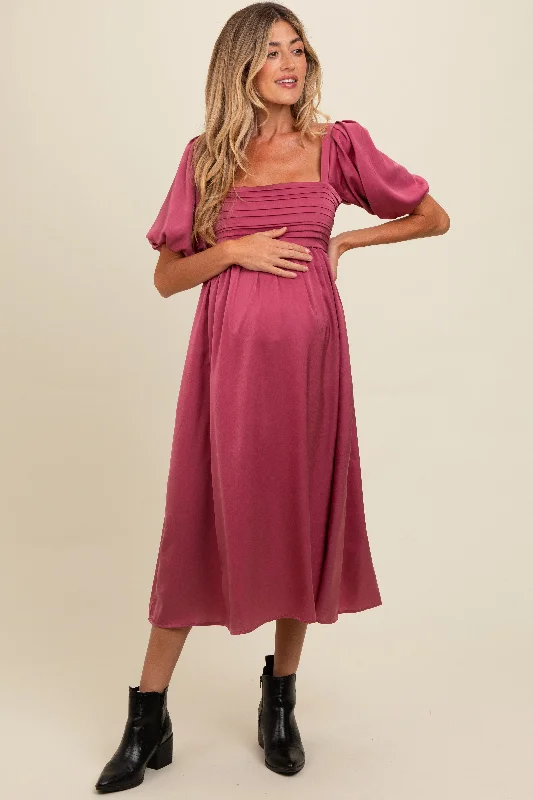 Mauve Satin Pleated Bodice Puff Sleeve Maternity Midi Dress Cozy Spaghetti Strap Midi Dress