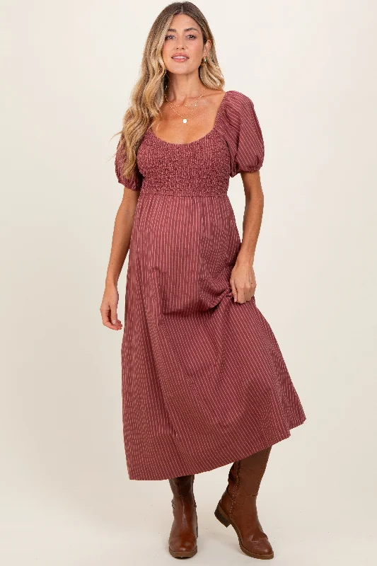 Mauve Striped Popcorn Smocked Maternity Midi Dress Stylish Pleated Skirt Midi Dress