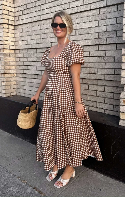 Mia Midi Dress ~ Brown Gingham Comfortable Sleeveless Midi Dress