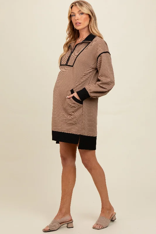 Mocha Contrast Trim Collared Zip Up Maternity Mini Dress Stylish Button-Down Mini Dress