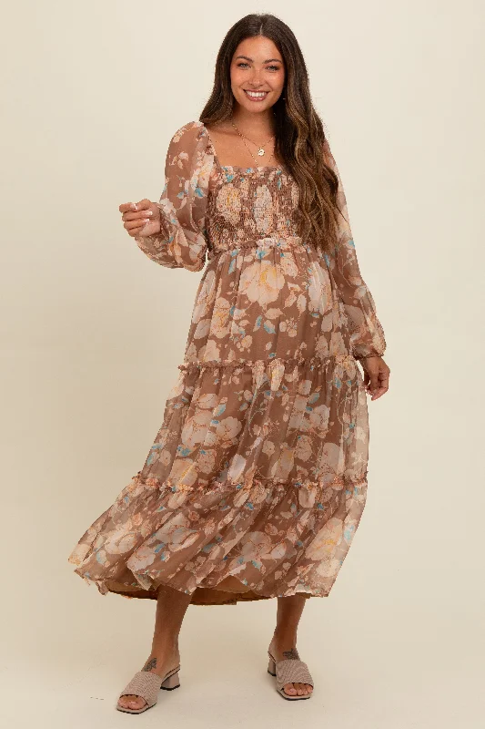 Mocha Floral Square Neck Smocked Maternity Midi Dress Fashionable Chiffon Midi Dress